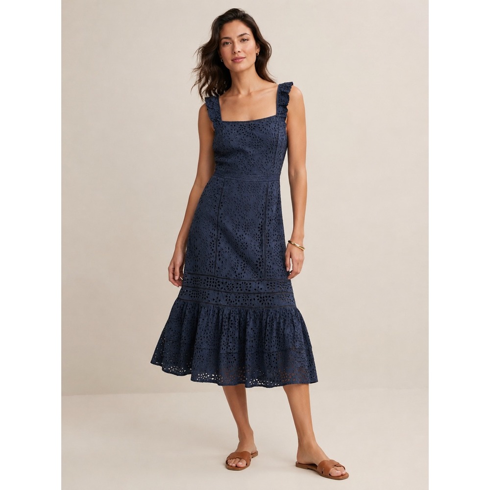 Banana Republic Womens Eyelet Midi Dress 4 Cottagecore Navy Blue Summer Ruffle